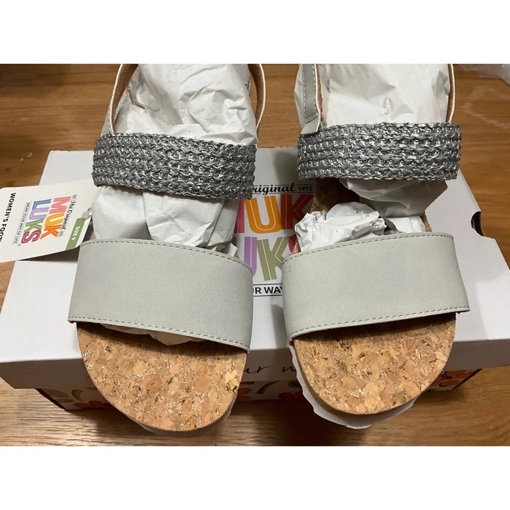 Muk Luks Women Silver‎ Metallic Knit Cork Wedge Sandals Size 9 NWT MPL6134